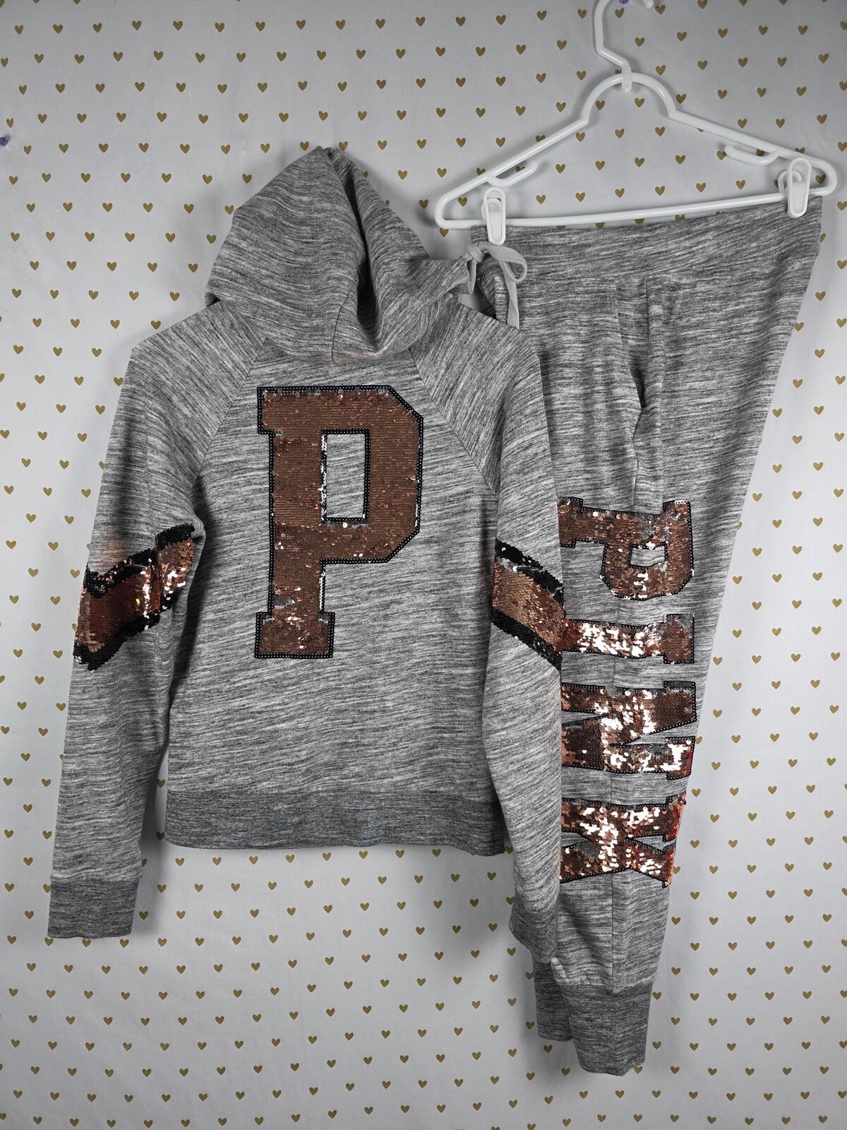 Victorias Secret Pink BLING SET 2pc GOLD Sweats Hoodie Grey Sequined  Joggers