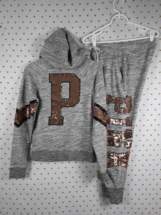 Victorias Secret Pink BLING SET 2pc GOLD Sweats Hoodie Grey Sequined  Joggers