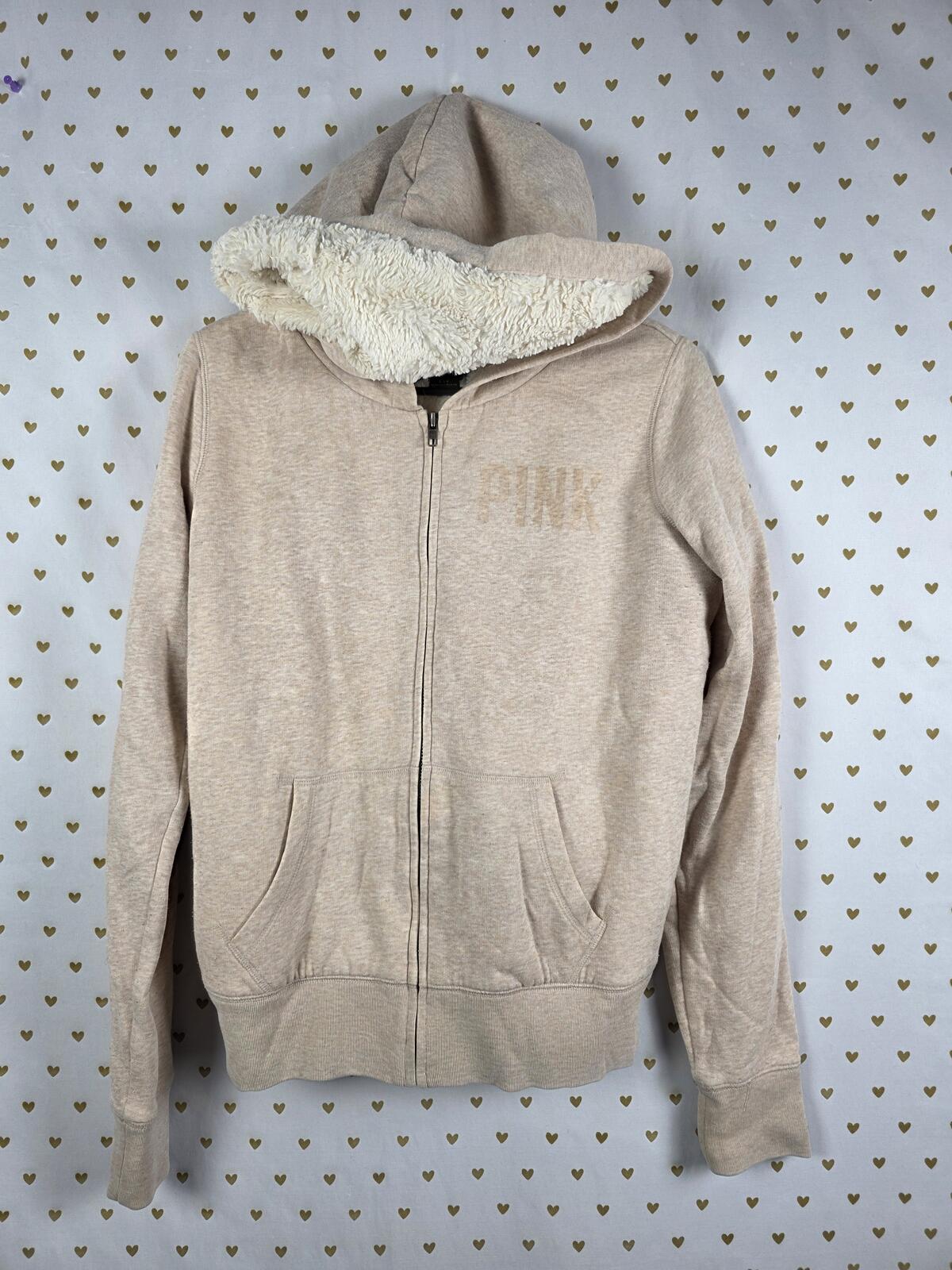 Victorias Secret Pink FUR LINED Bling Beige Gold Sequined Hoodie Jacket SMALL
