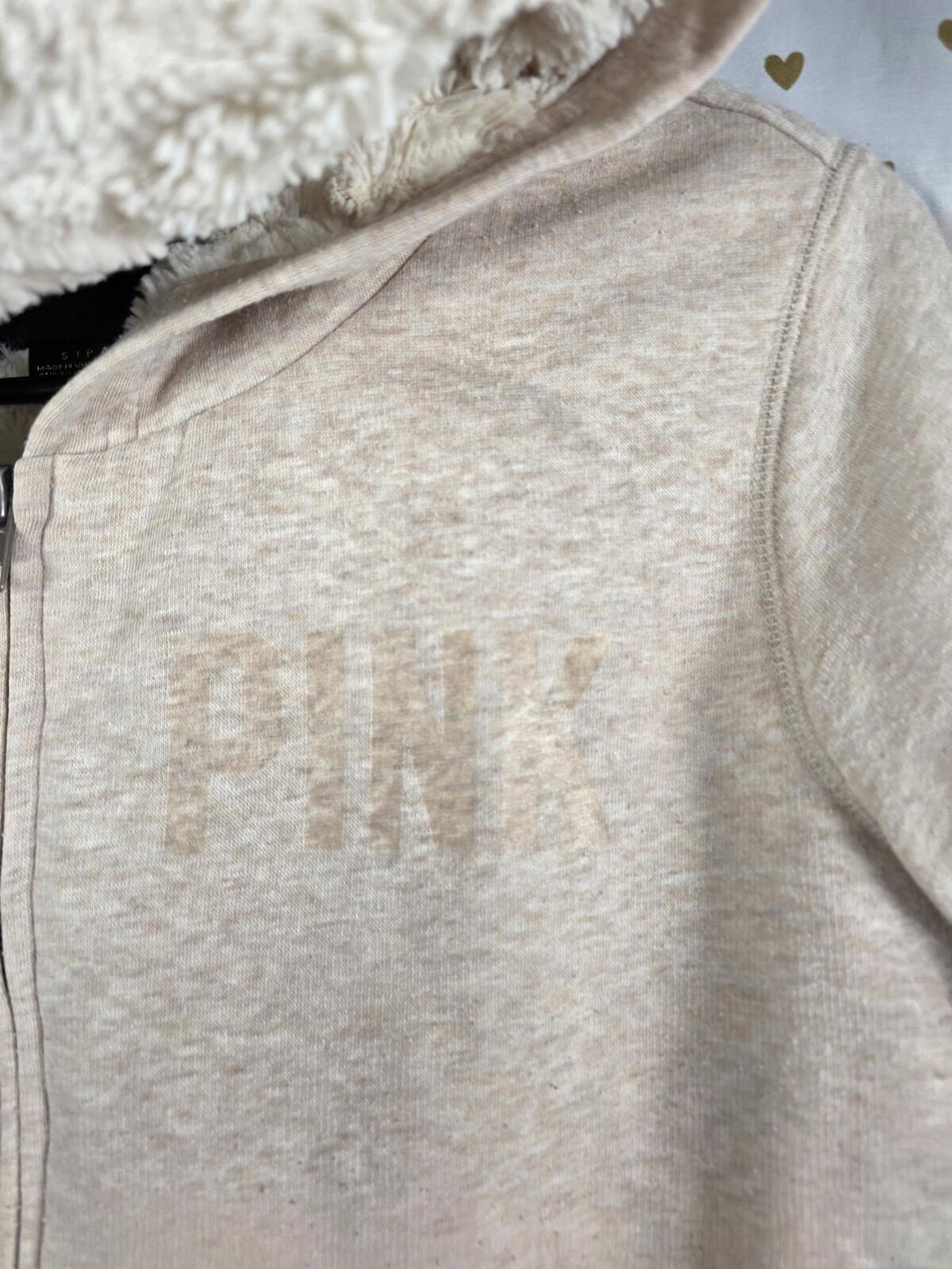Victorias Secret Pink FUR LINED Bling Beige Gold Sequined Hoodie Jacket SMALL