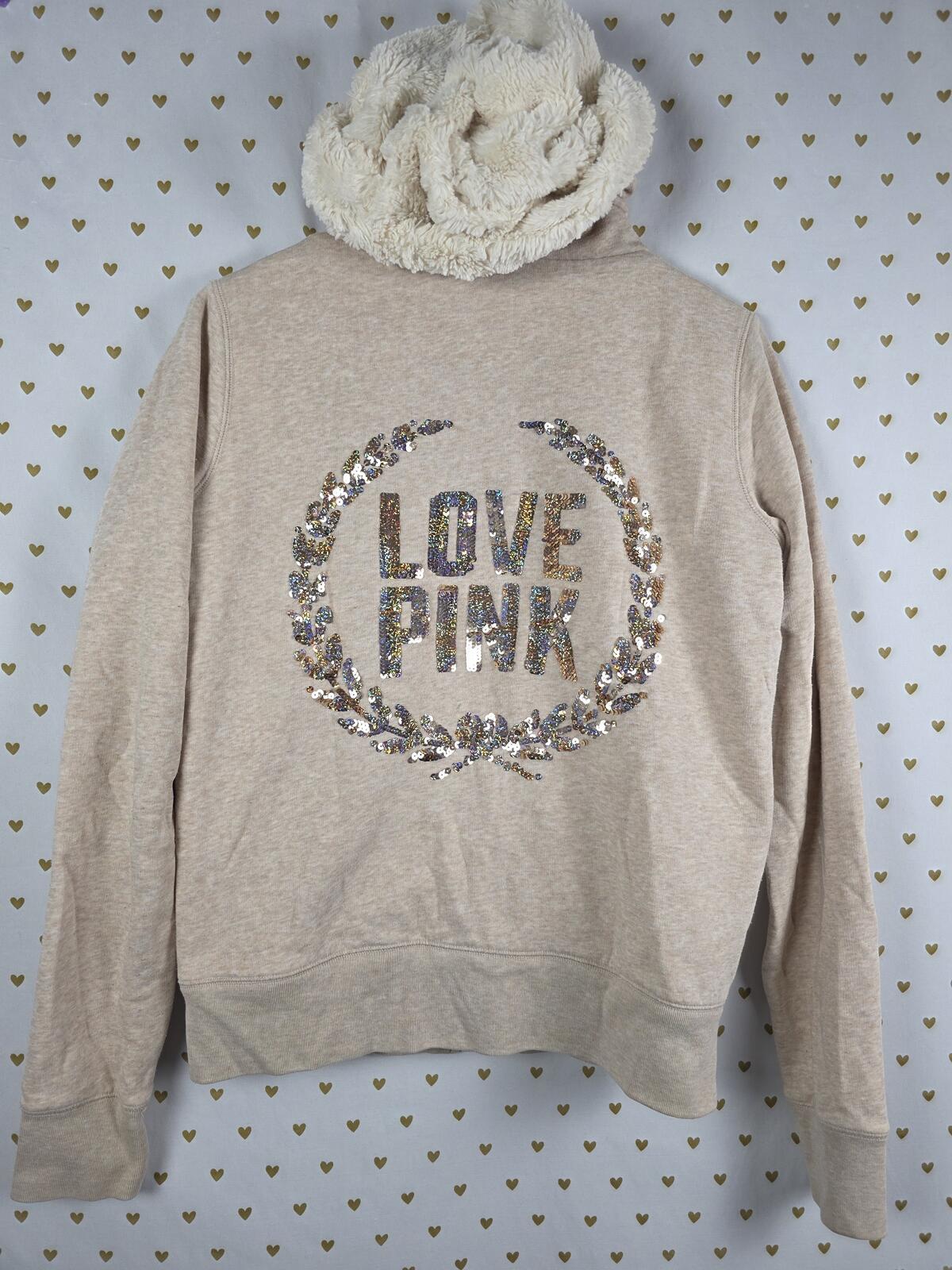 Victorias Secret Pink FUR LINED Bling Beige Gold Sequined Hoodie Jacket SMALL