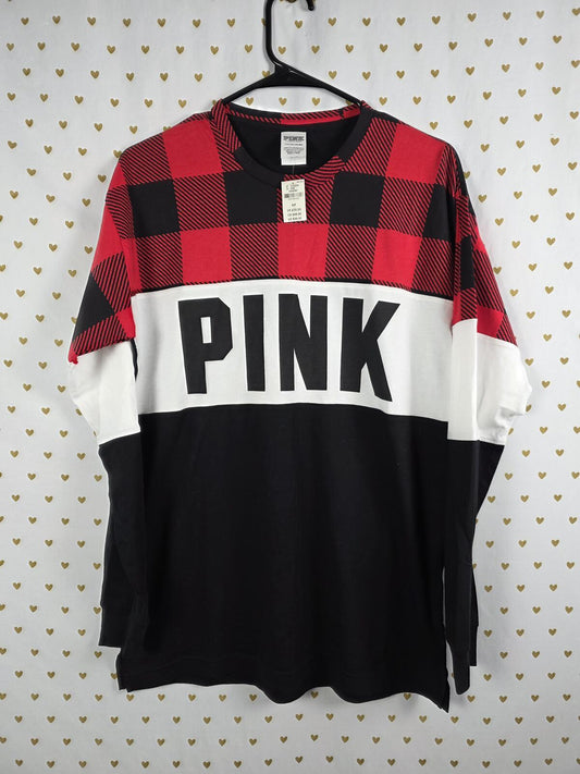 Victorias Secret PINK NEW NWT Buffalo Plaid Long Sleeve Logo Tee shirt SMALL $40