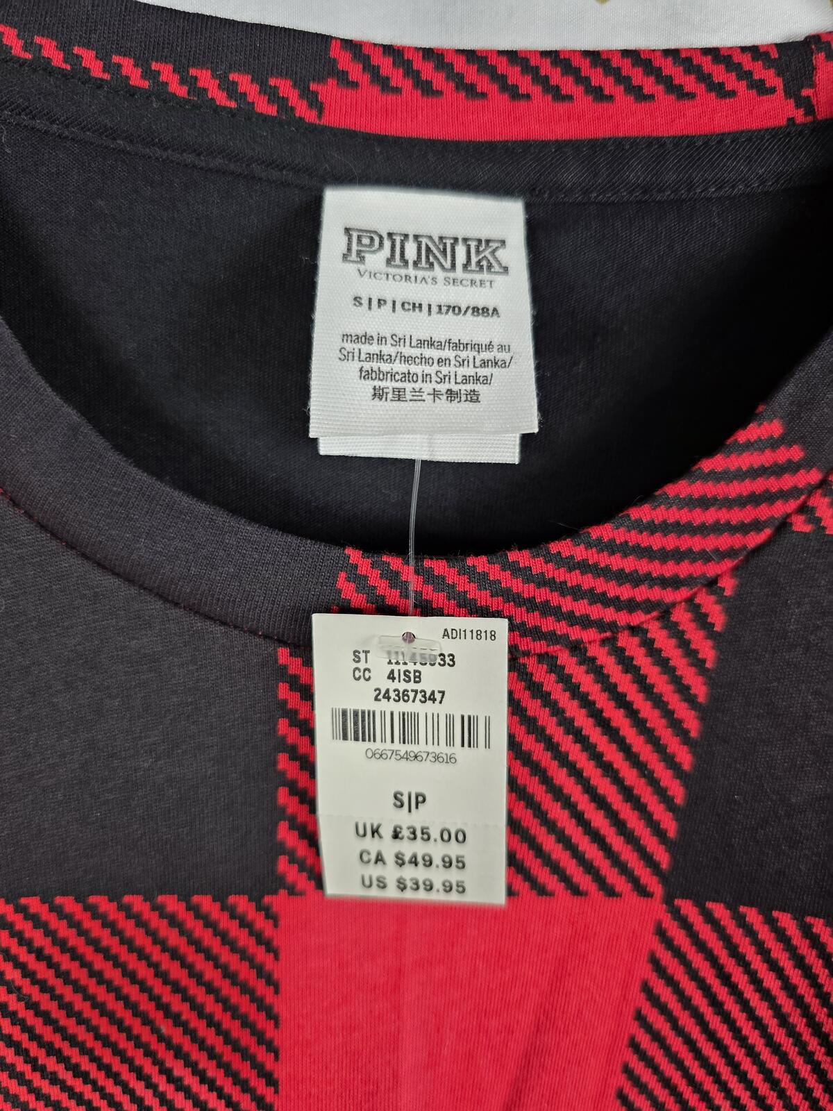 Victorias Secret PINK NEW NWT Buffalo Plaid Long Sleeve Logo Tee shirt SMALL $40
