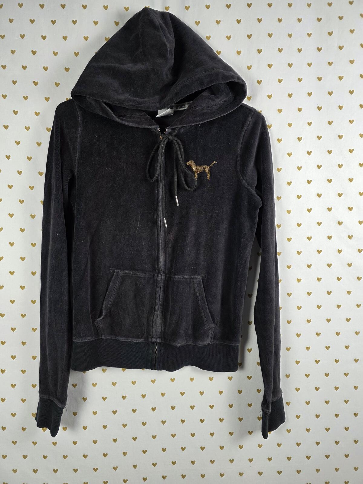 Victorias Secret Pink VINTAGE y2k Black BLING Velour Hoodie Gold Black SMALL