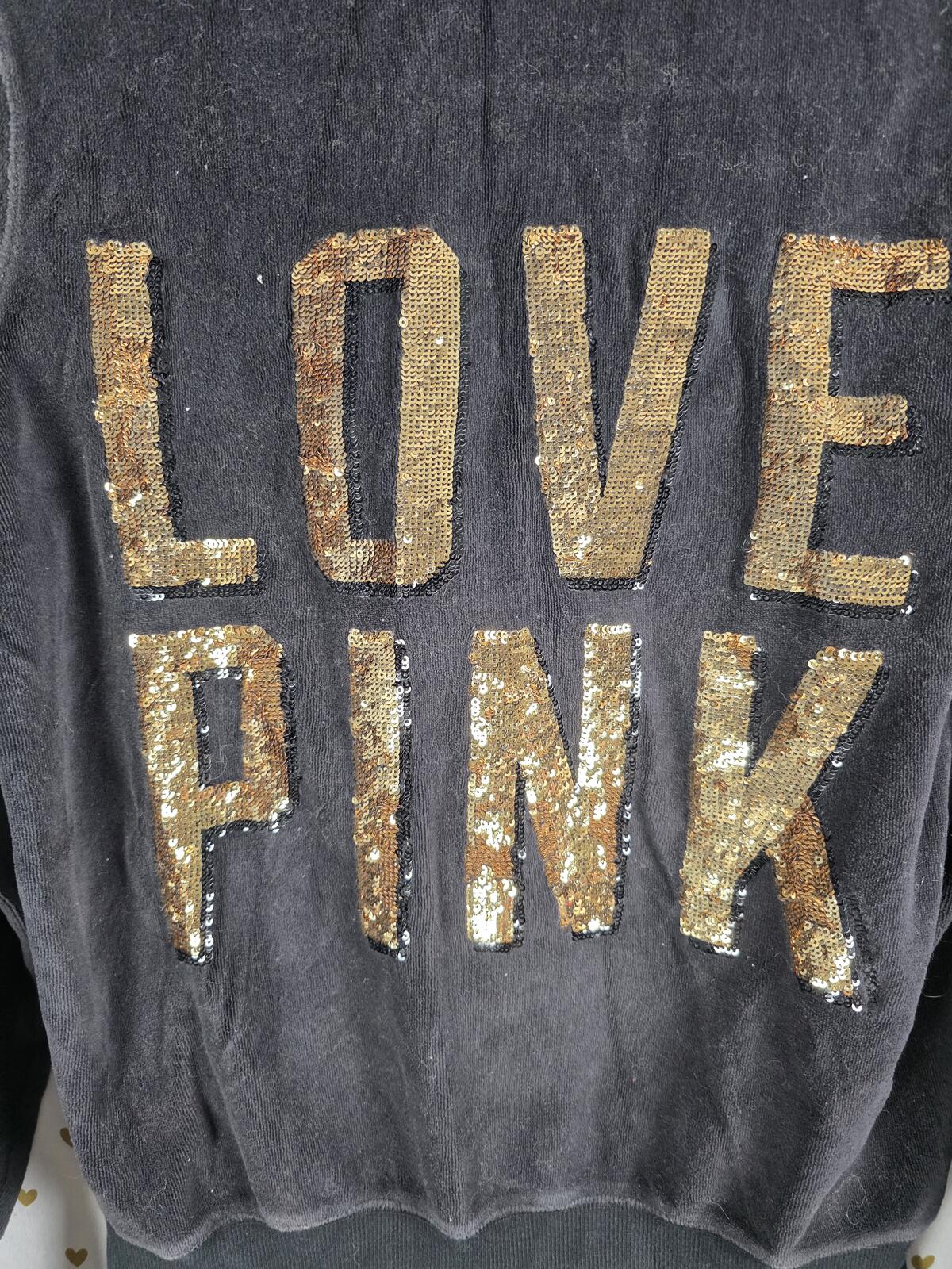 Victorias Secret Pink VINTAGE y2k Black BLING Velour Hoodie Gold Black SMALL