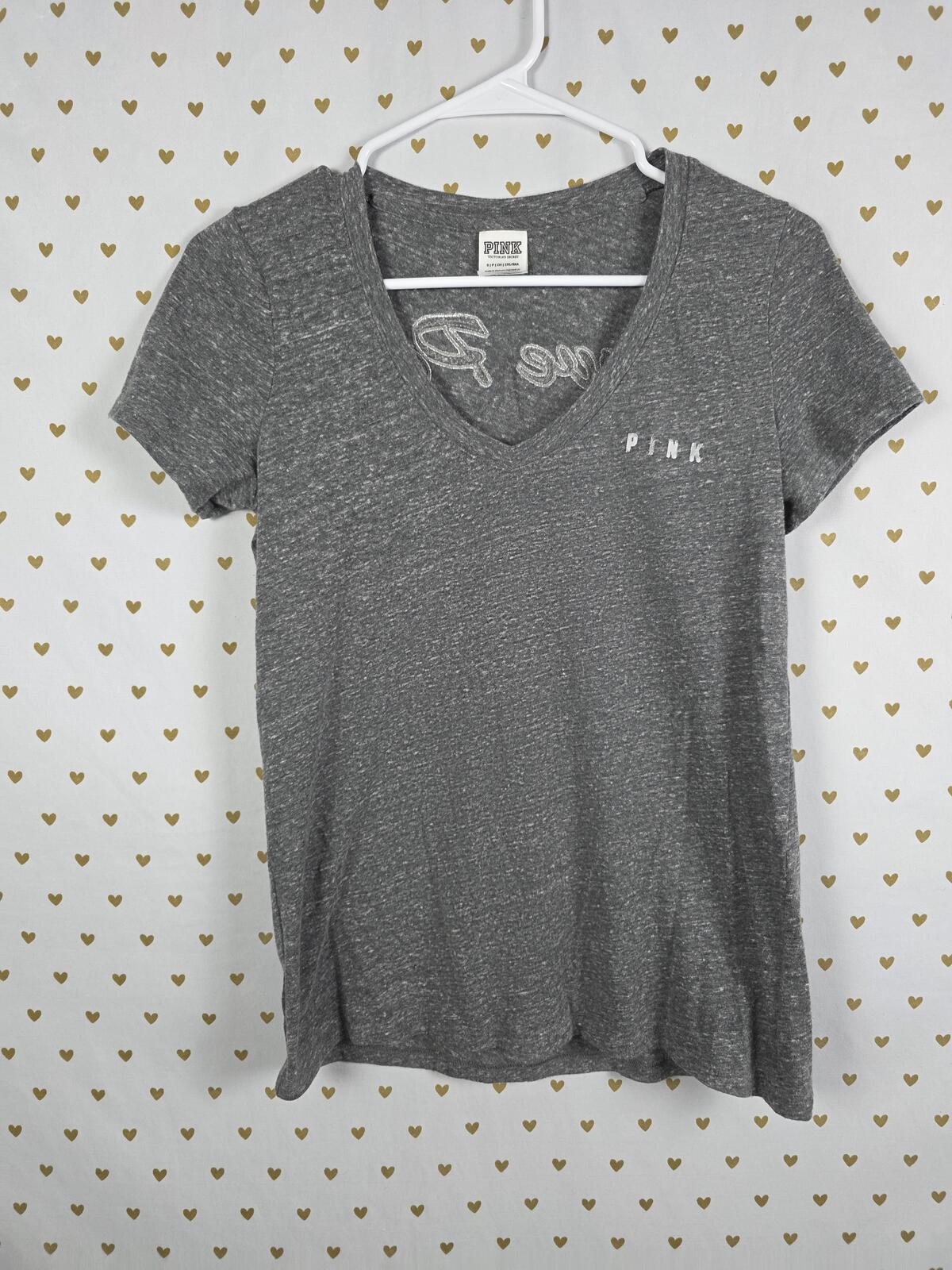 Victorias Secret PINK LOVE Silver BLING sequined V neck tee shirt SMALL