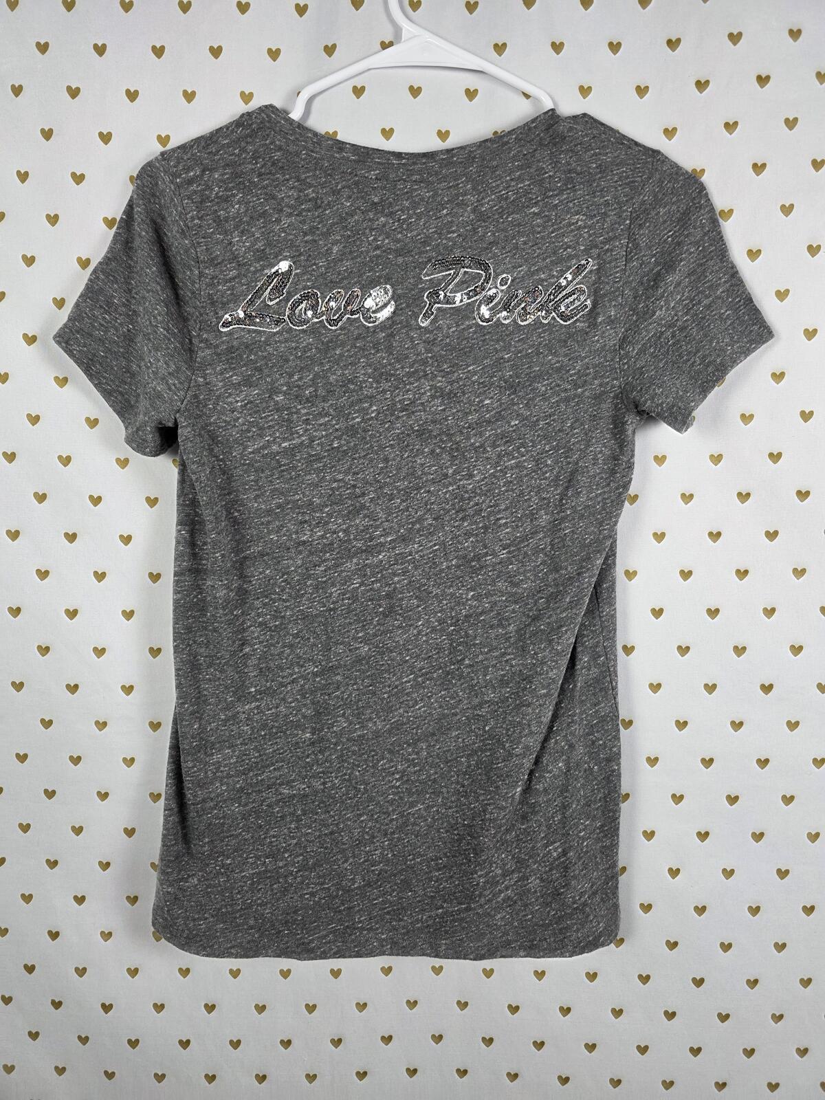 Victorias Secret PINK LOVE Silver BLING sequined V neck tee shirt SMALL