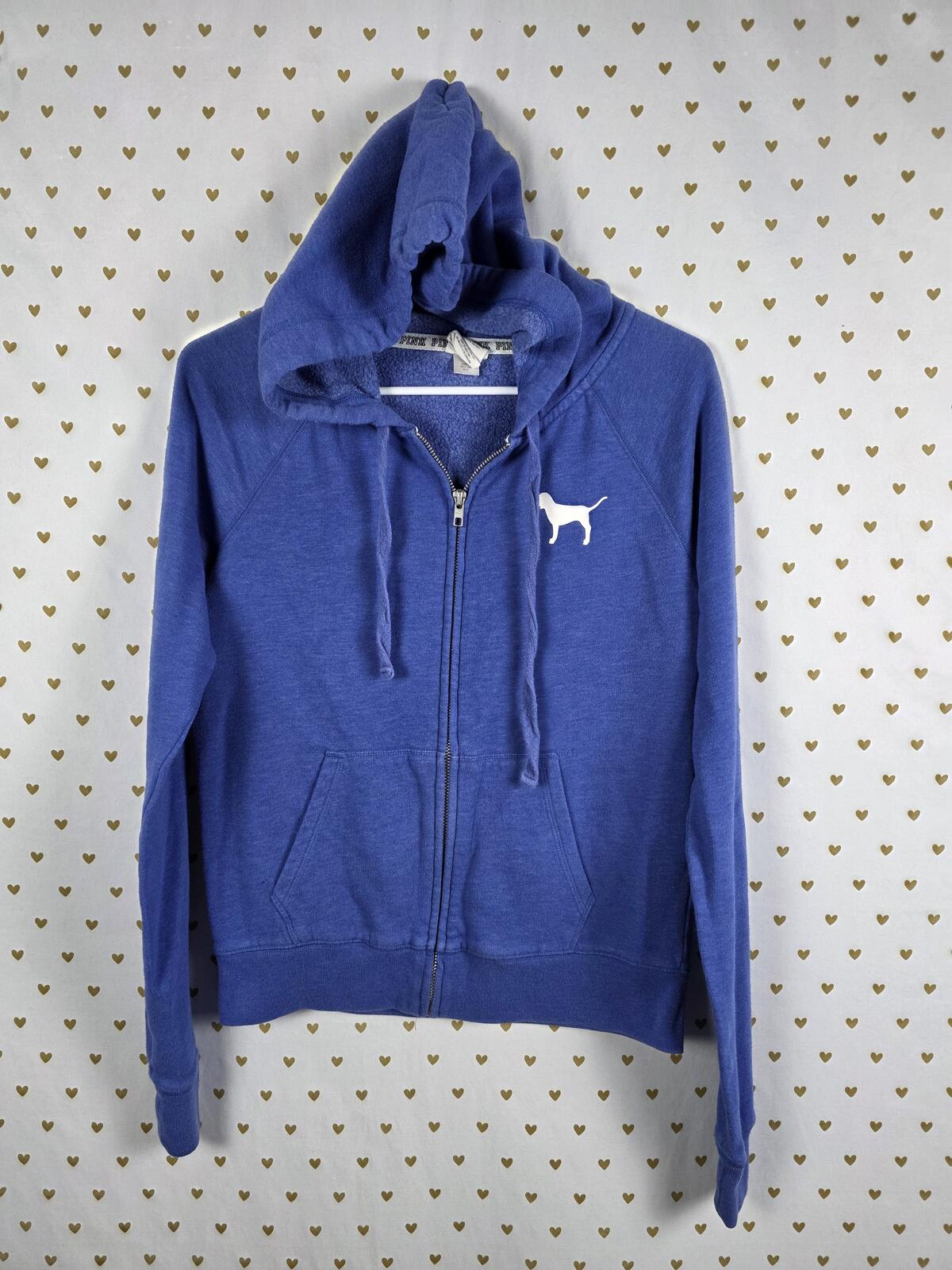 Victorias Secret Pink Embroidered Blue Full zip Hoodie Jacket SMALL