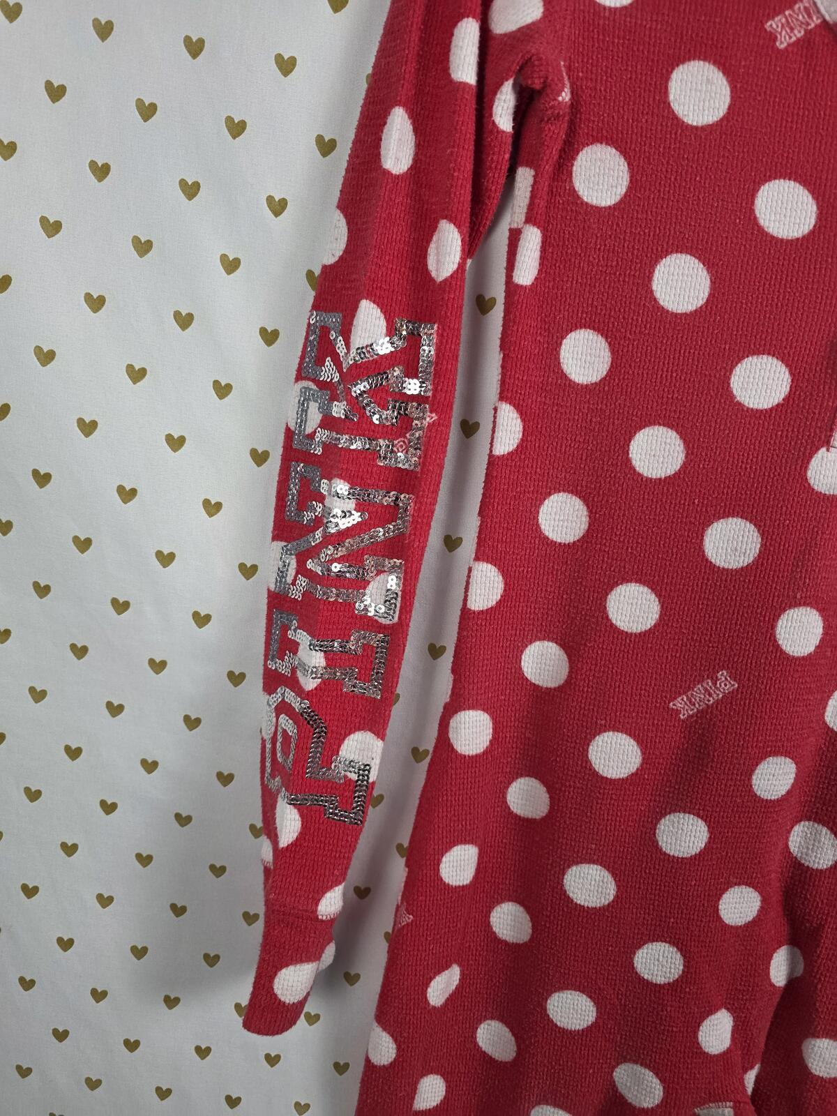 VICTORIA'S SECRET PINK POLKA DOT Red Trap Door ONE PIECE BODYSUIT PAJAMAS XS