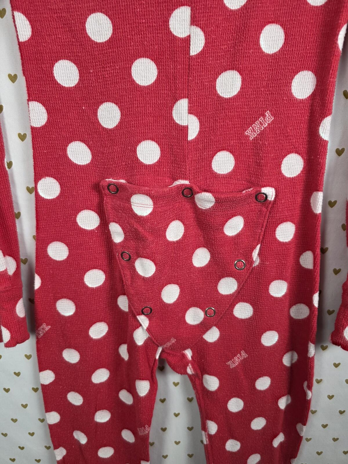 VICTORIA'S SECRET PINK POLKA DOT Red Trap Door ONE PIECE BODYSUIT PAJAMAS XS