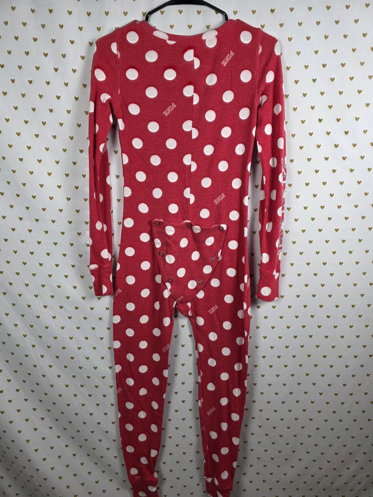 VICTORIA'S SECRET PINK POLKA DOT Red Trap Door ONE PIECE BODYSUIT PAJAMAS XS