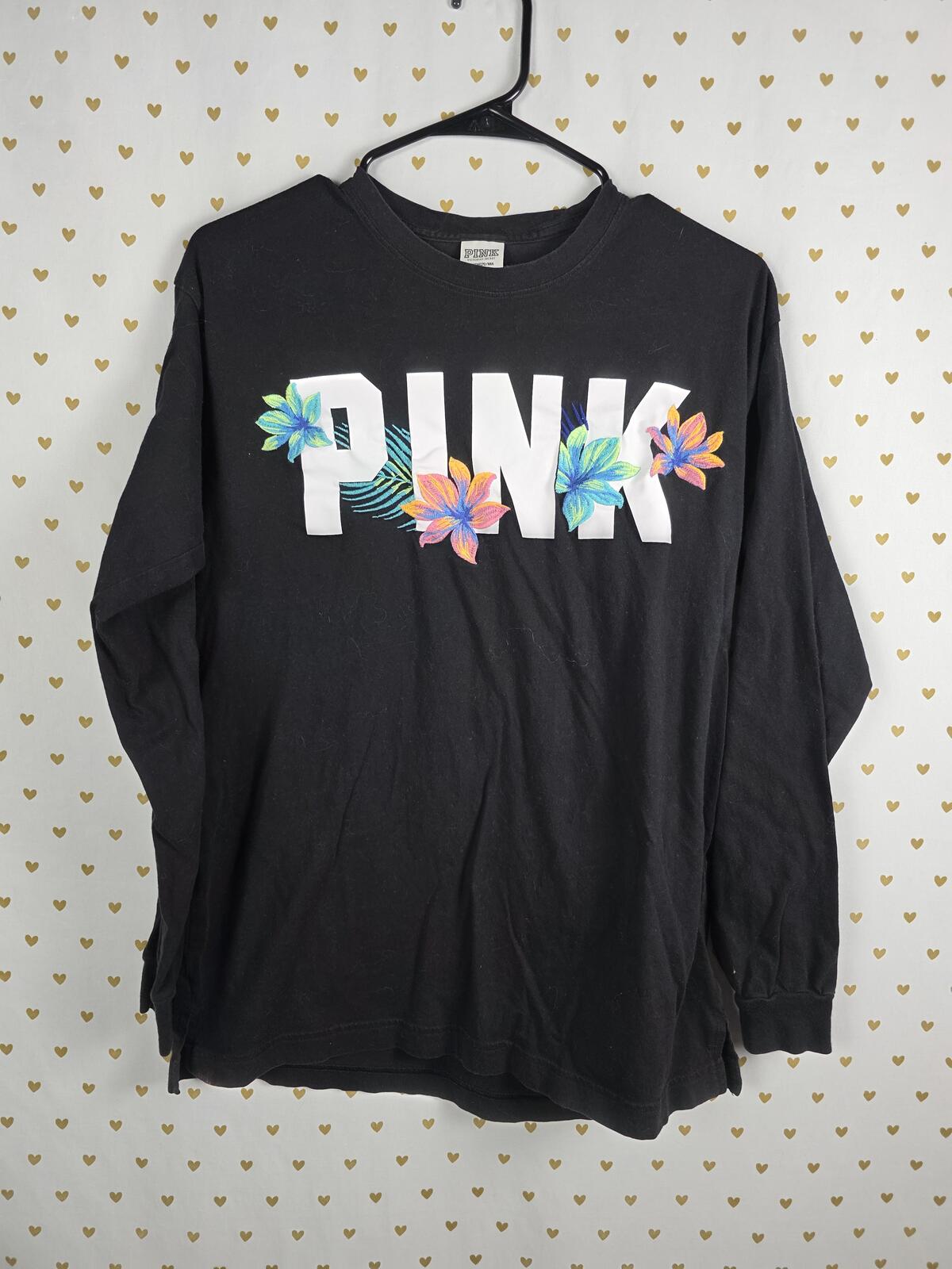 Victorias Secret PINK Embroidered FLORAL Long Sleeve Campus Logo Tee Shirt SMALL
