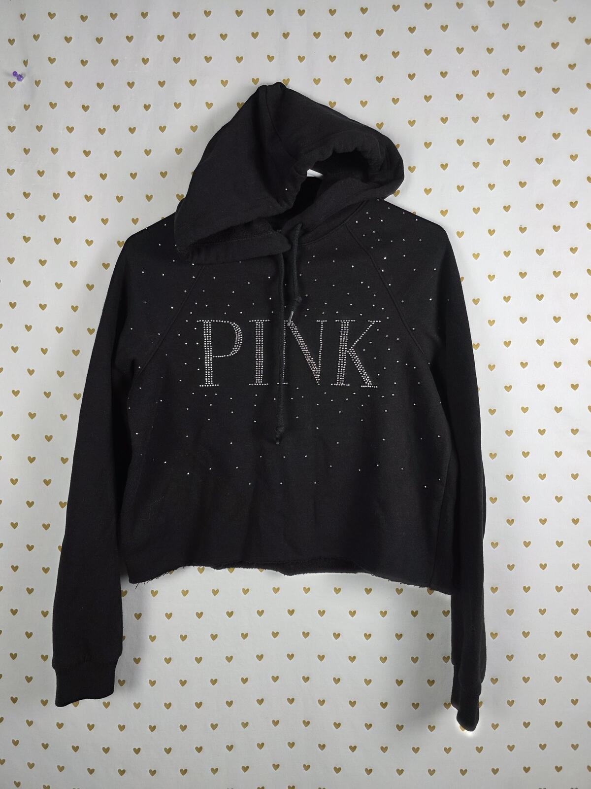 Victorias Secret Pink BLING STUDDED Logo Pullover Cropped Black Hoodie Sweater