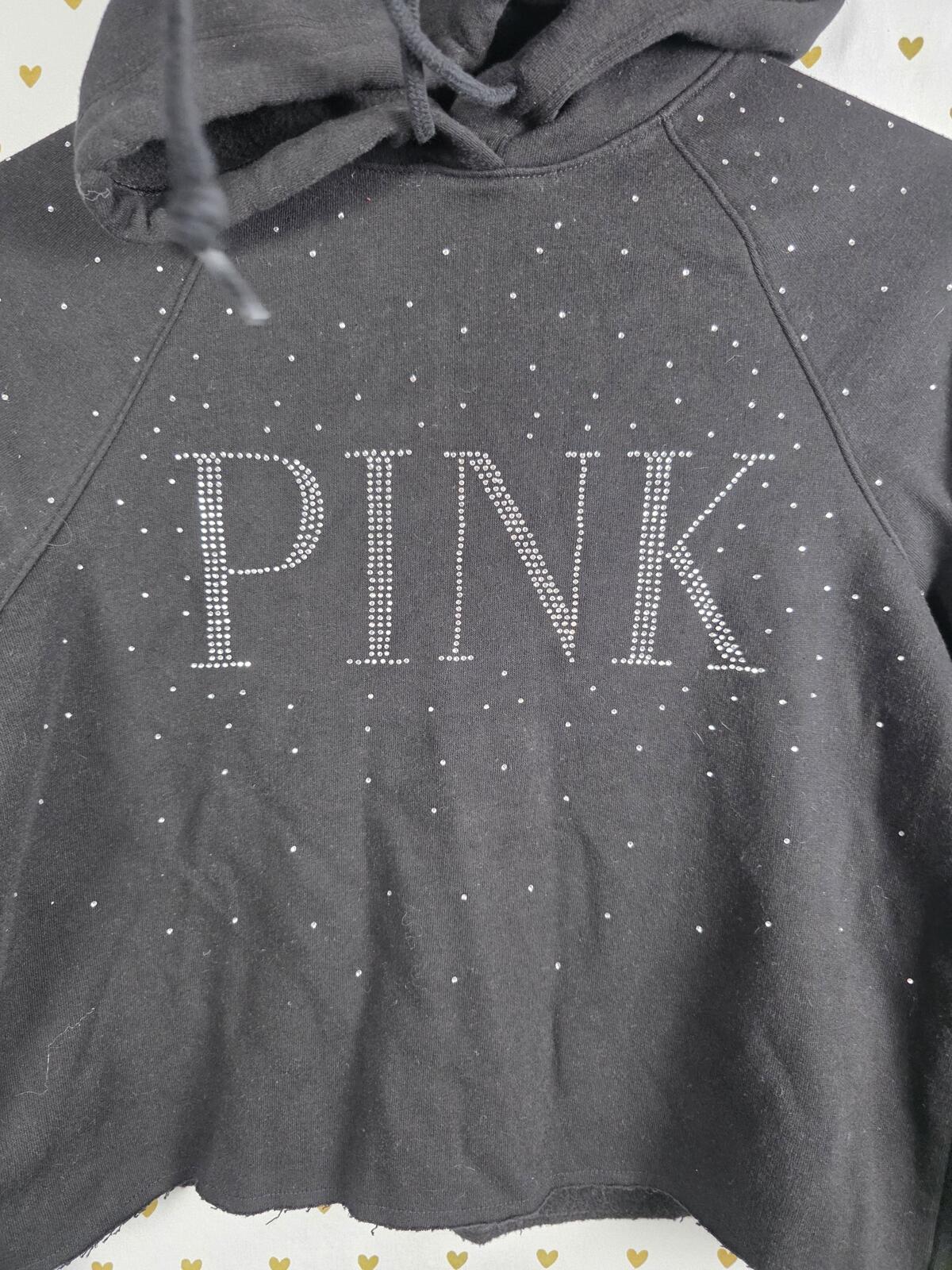 Victorias Secret Pink BLING STUDDED Logo Pullover Cropped Black Hoodie Sweater