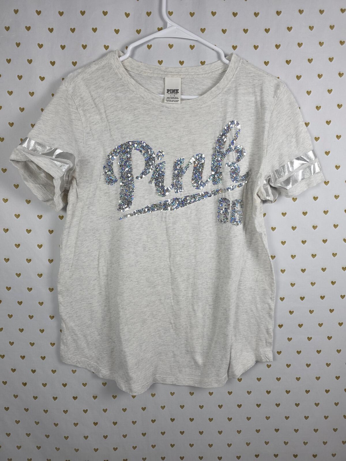 Victorias Secret PINK BLING White Sequined Tee Shirt LARGE