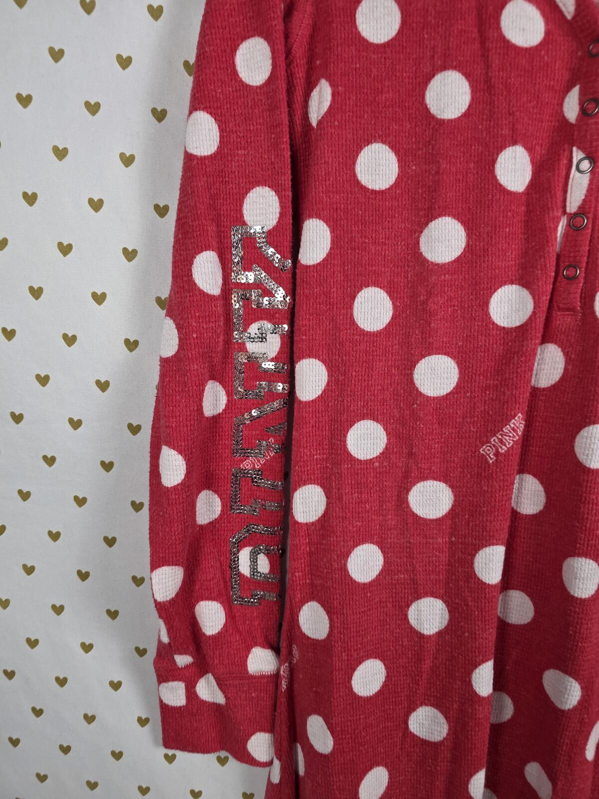 VICTORIA'S SECRET PINK POLKA DOT Red Trap Door ONE PIECE BODYSUIT PAJAMAS LARGE
