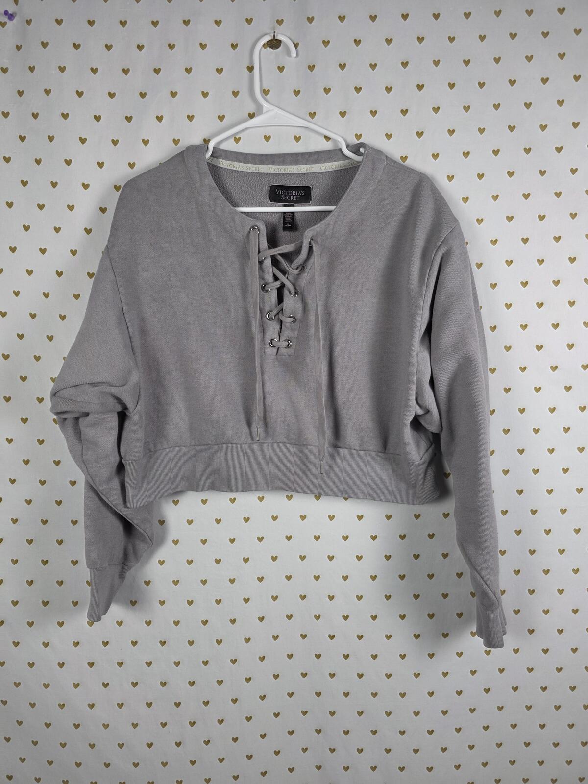 Victorias Secret Grey Lace Front Cropped Sweater Shirt MEDIUM