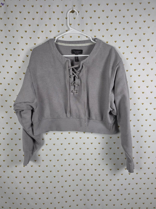 Victorias Secret Grey Lace Front Cropped Sweater Shirt MEDIUM