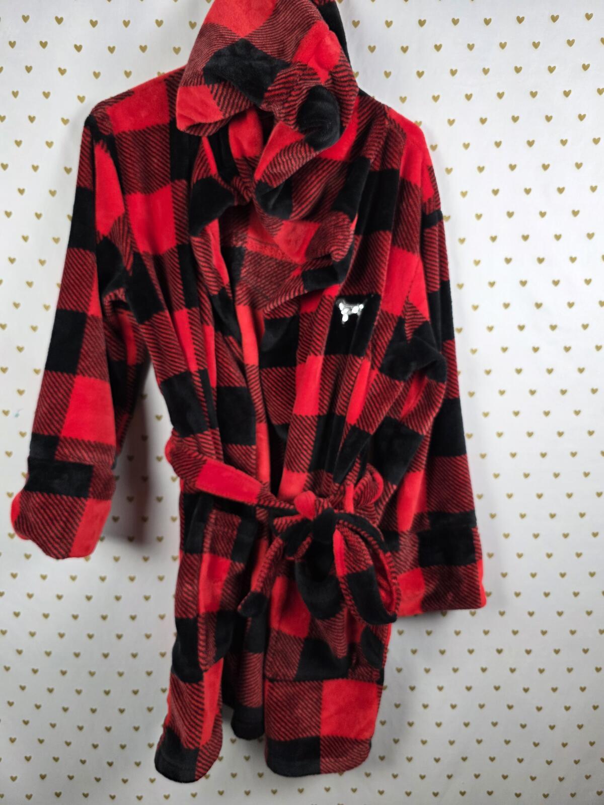 Victorias Secret Soft Fluffy Robe BUFFALO PLAID BLING SEQUINED Plush Hooded xs s