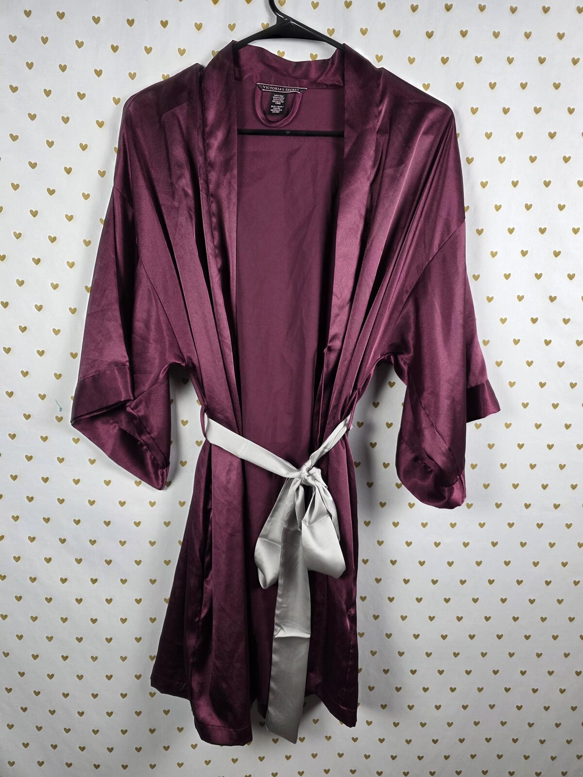Victorias Secret Satin Silky Robe Maroon Lounge Cover Up Kimono Pockets XS SMALL