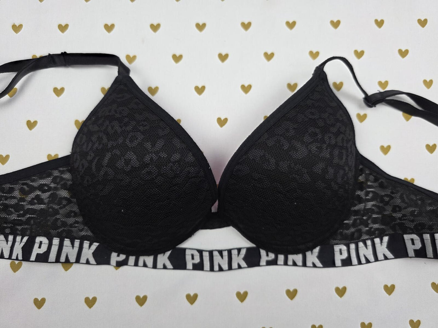 Victorias Secret PINK Black Leopard Cheetah Bra 34A Push Up