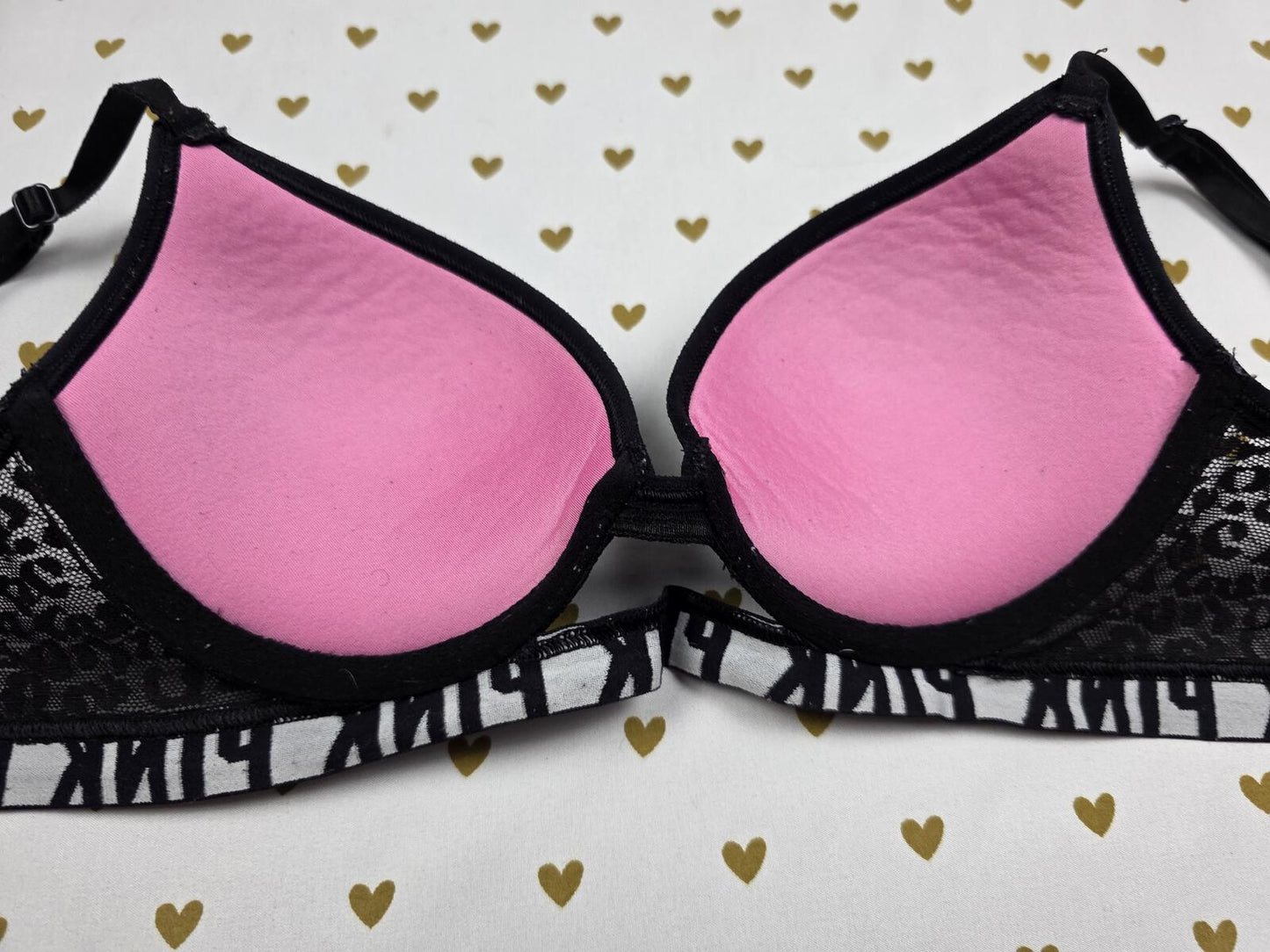 Victorias Secret PINK Black Leopard Cheetah Bra 34A Push Up