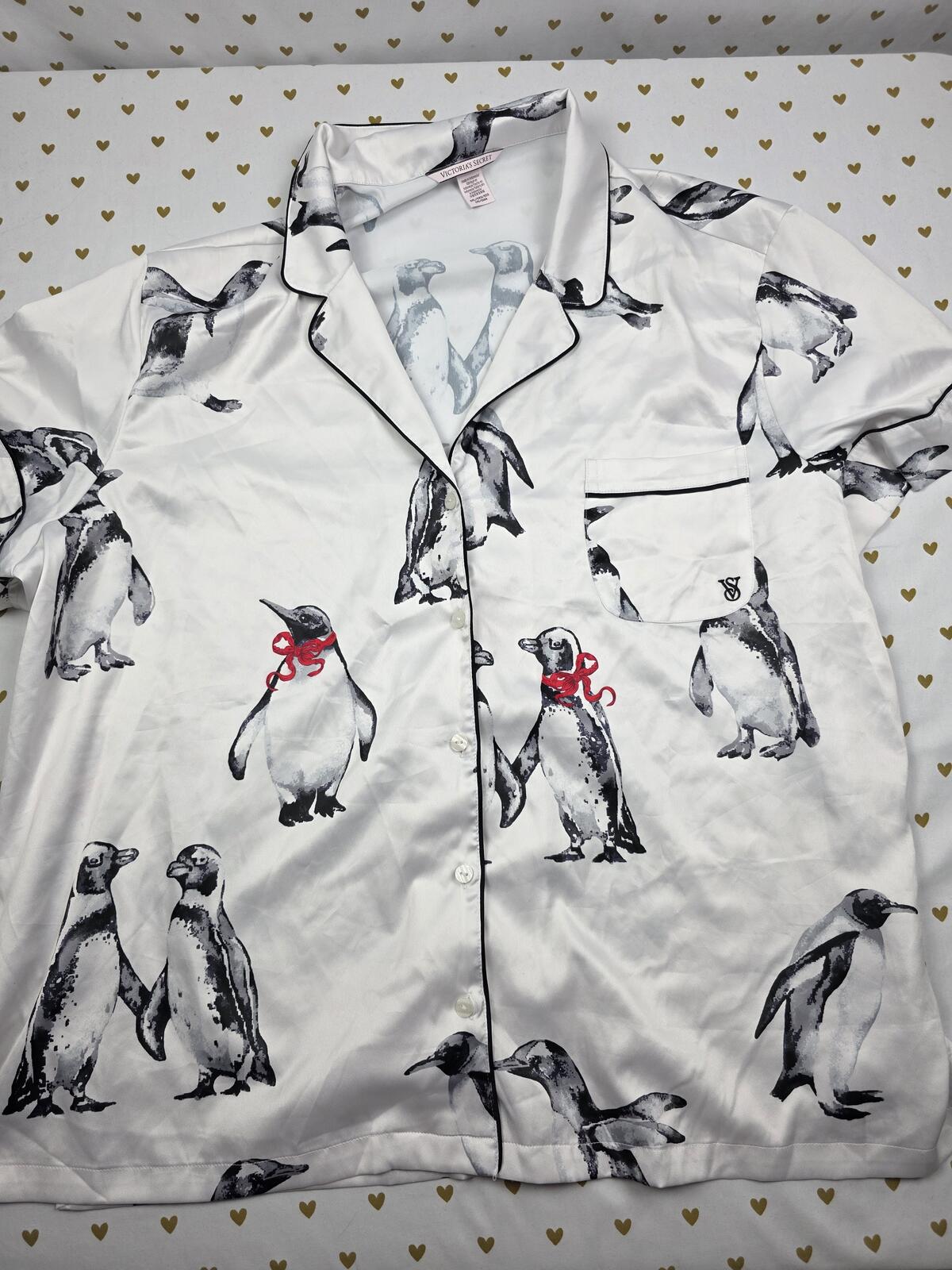 Victorias Secret Satin Silky PENGUINS Button Down Sleep Top Shirt 2XL XXL