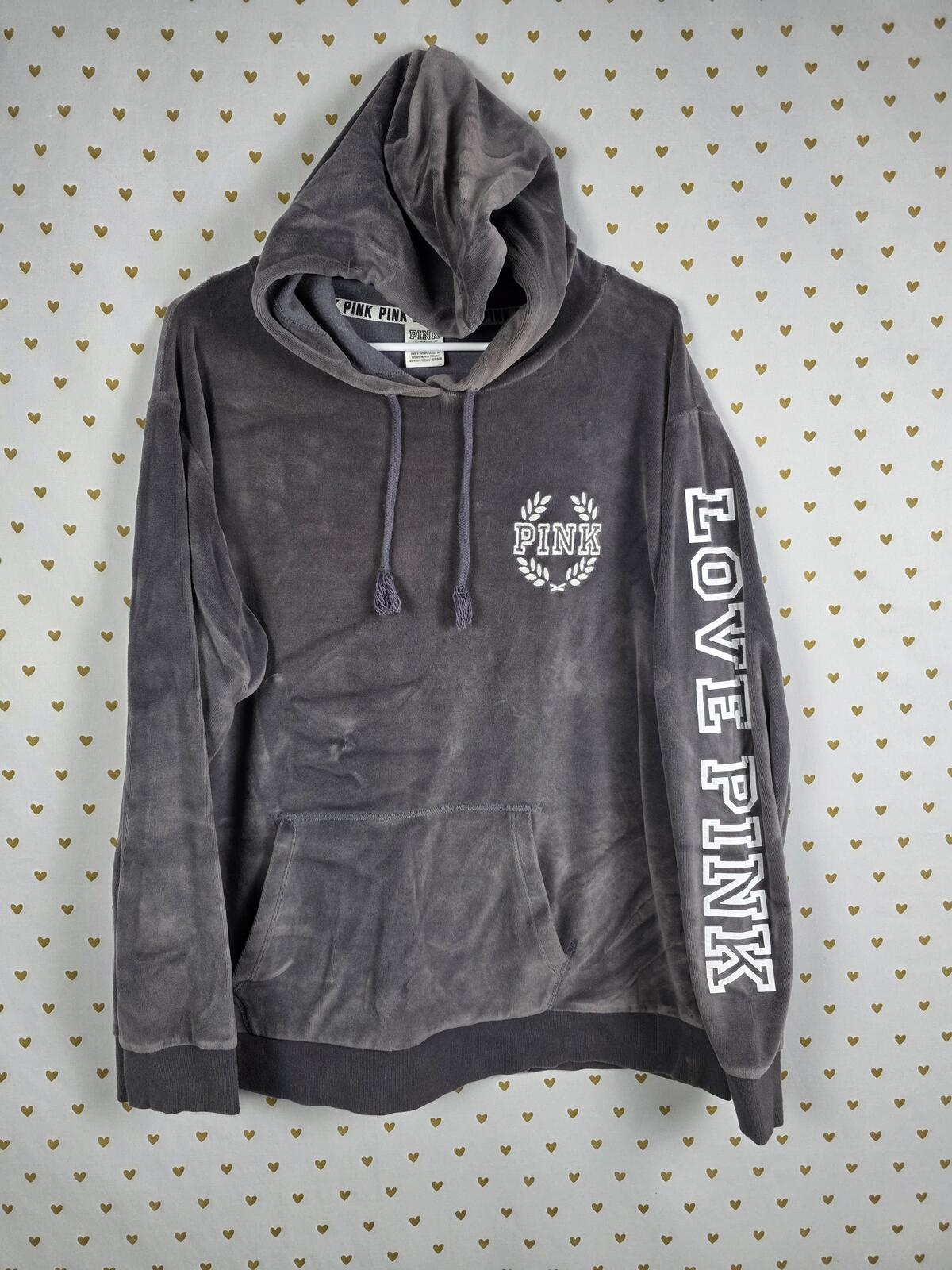 Victorias Secret Pink Logo Pullover Velour Hoodie Sweater Grey LARGE
