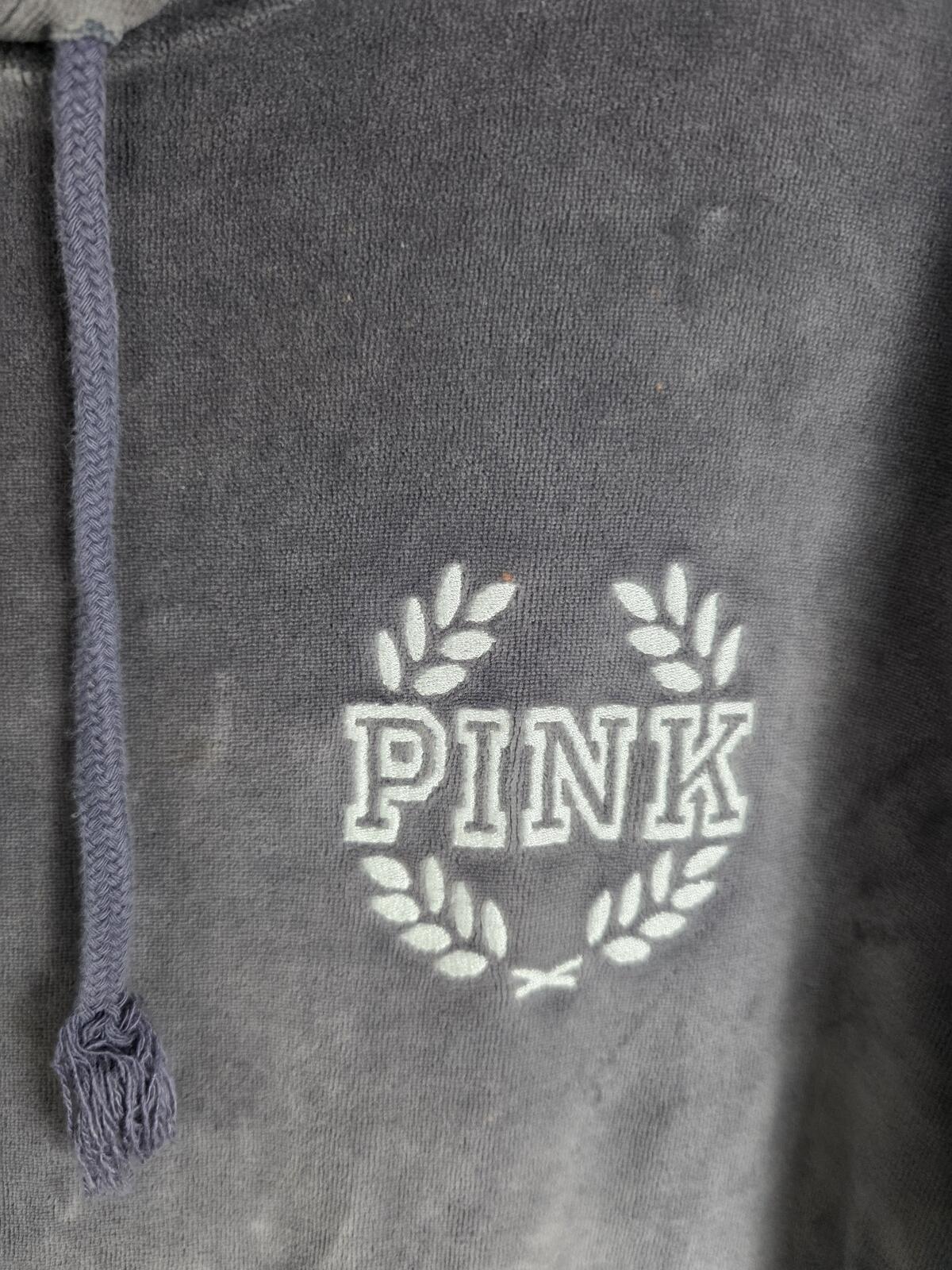 Victorias Secret Pink Logo Pullover Velour Hoodie Sweater Grey LARGE
