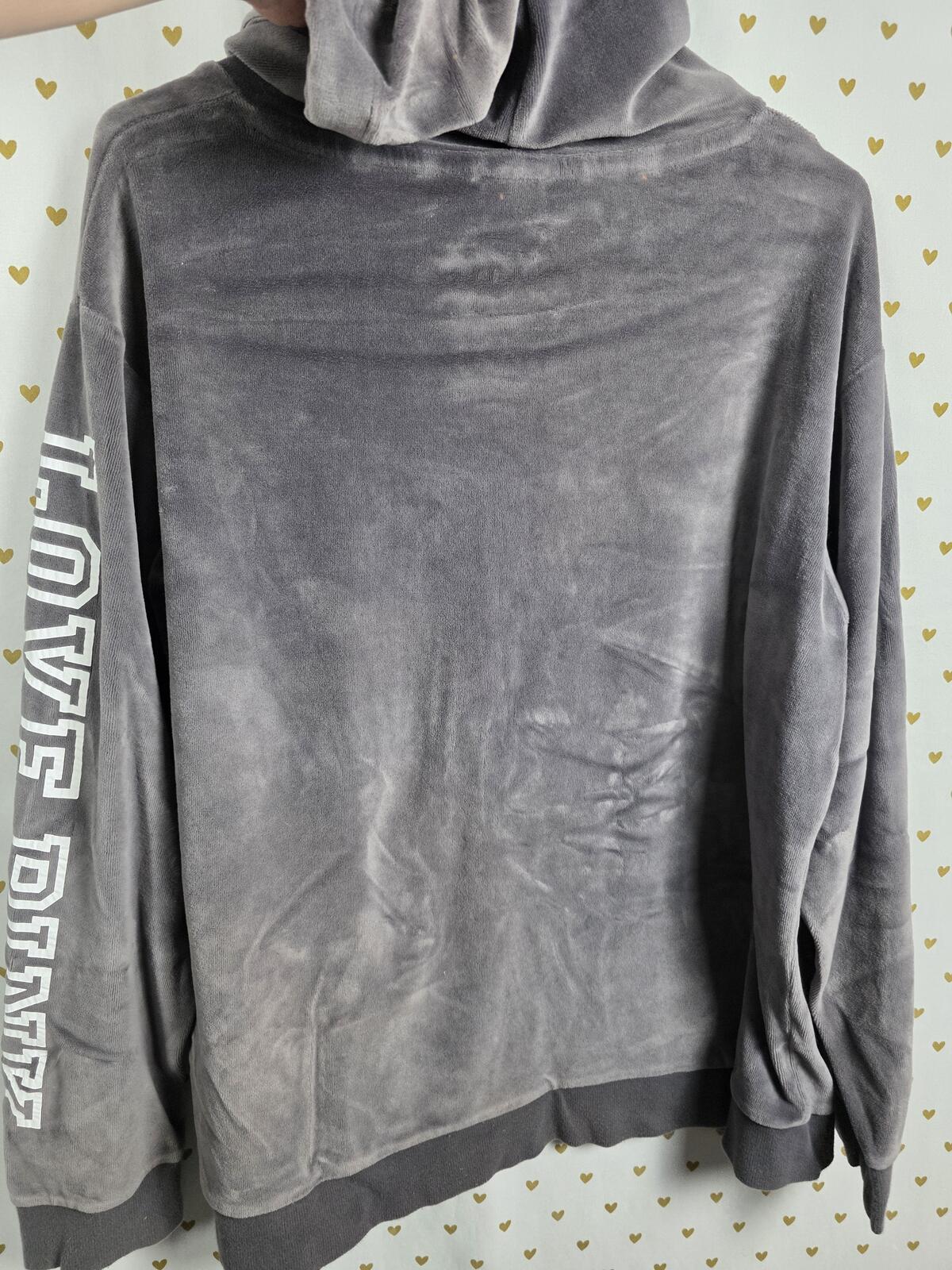 Victorias Secret Pink Logo Pullover Velour Hoodie Sweater Grey LARGE