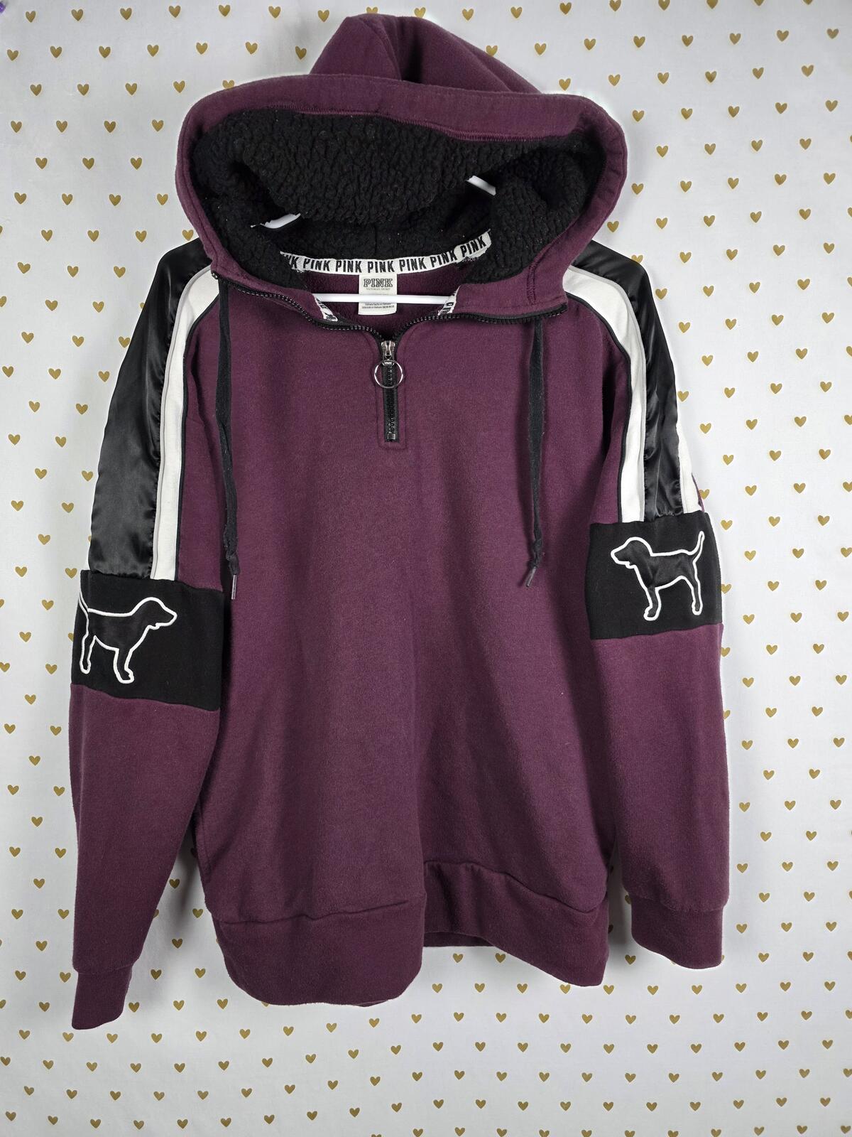 Victorias Secret Pink Maroon Sherpa Lined DOG LOGO Embroidered Hoodie Sweater SM