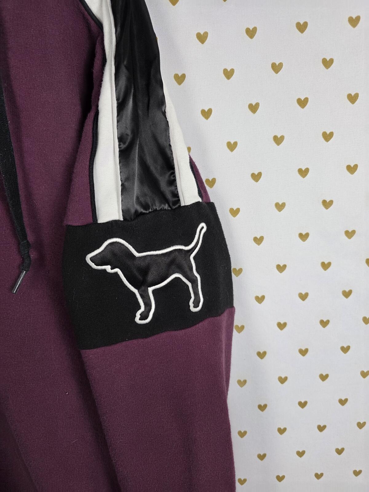 Victorias Secret Pink Maroon Sherpa Lined DOG LOGO Embroidered Hoodie Sweater SM