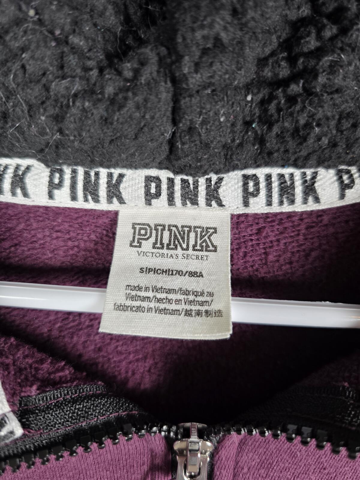 Victorias Secret Pink Maroon Sherpa Lined DOG LOGO Embroidered Hoodie Sweater SM