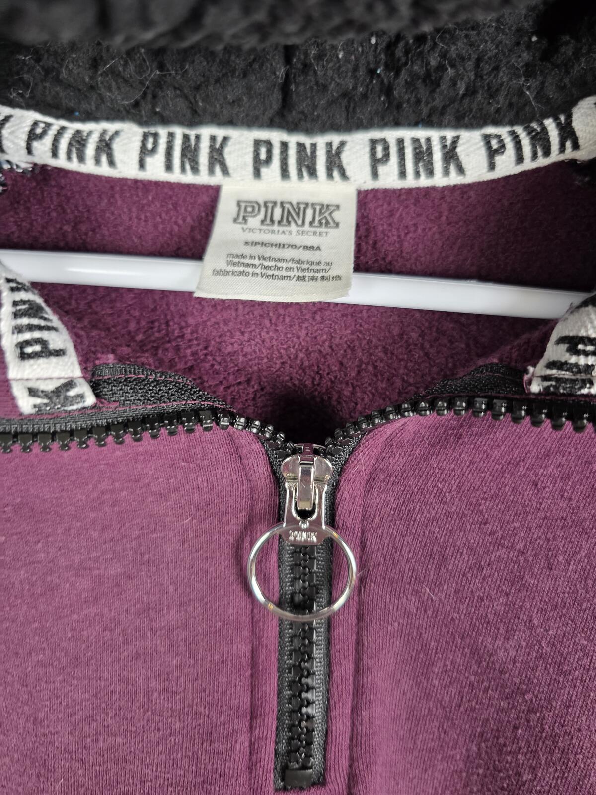 Victorias Secret Pink Maroon Sherpa Lined DOG LOGO Embroidered Hoodie Sweater SM