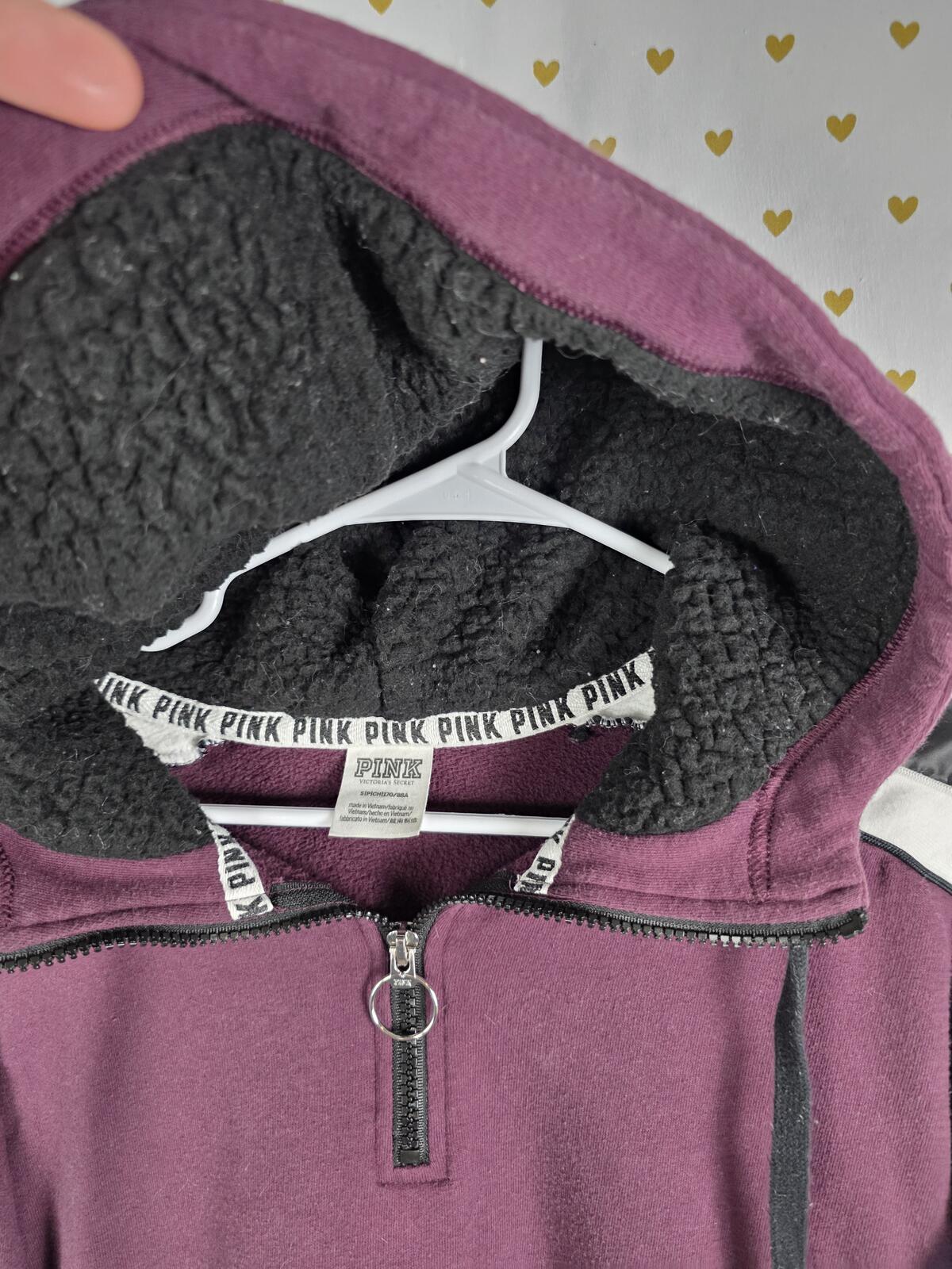 Victorias Secret Pink Maroon Sherpa Lined DOG LOGO Embroidered Hoodie Sweater SM