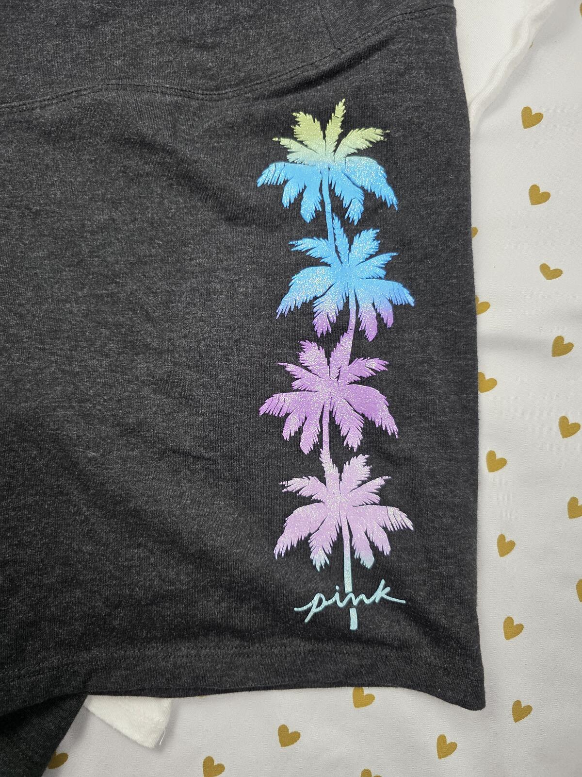 Victorias Secret Pink BLING PALM TREE SHINE TEE SHIRT Bike Short 2pc SET GLITTER