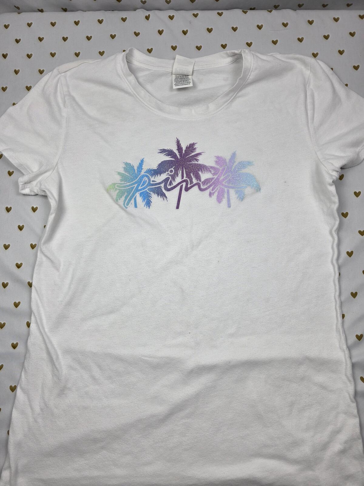 Victorias Secret Pink BLING PALM TREE SHINE TEE SHIRT Bike Short 2pc SET GLITTER