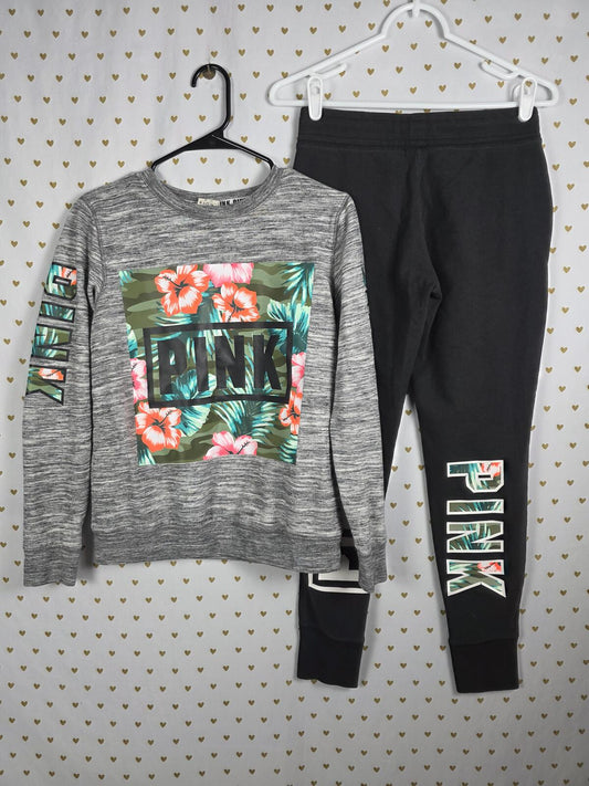 Victorias Secret Pink Hawaiian Floral SET 2pc Sweater Sweats Joggers XS Outfit