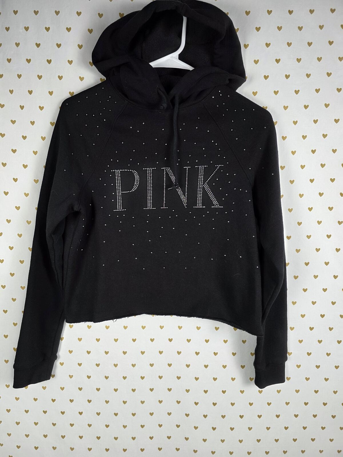 Victorias Secret Pink Bling Studded Hooded Cropped Sweater Shirt Black XS