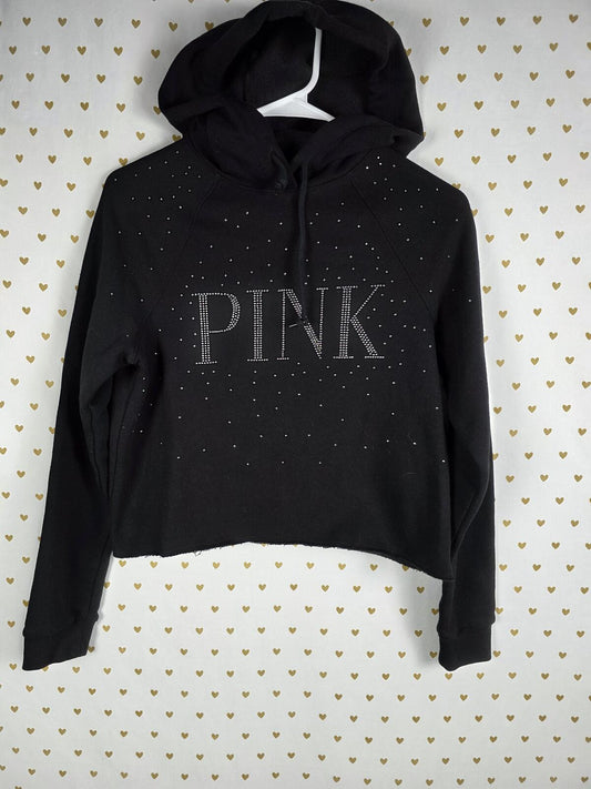 Victorias Secret Pink Bling Studded Hooded Cropped Sweater Shirt Black XS