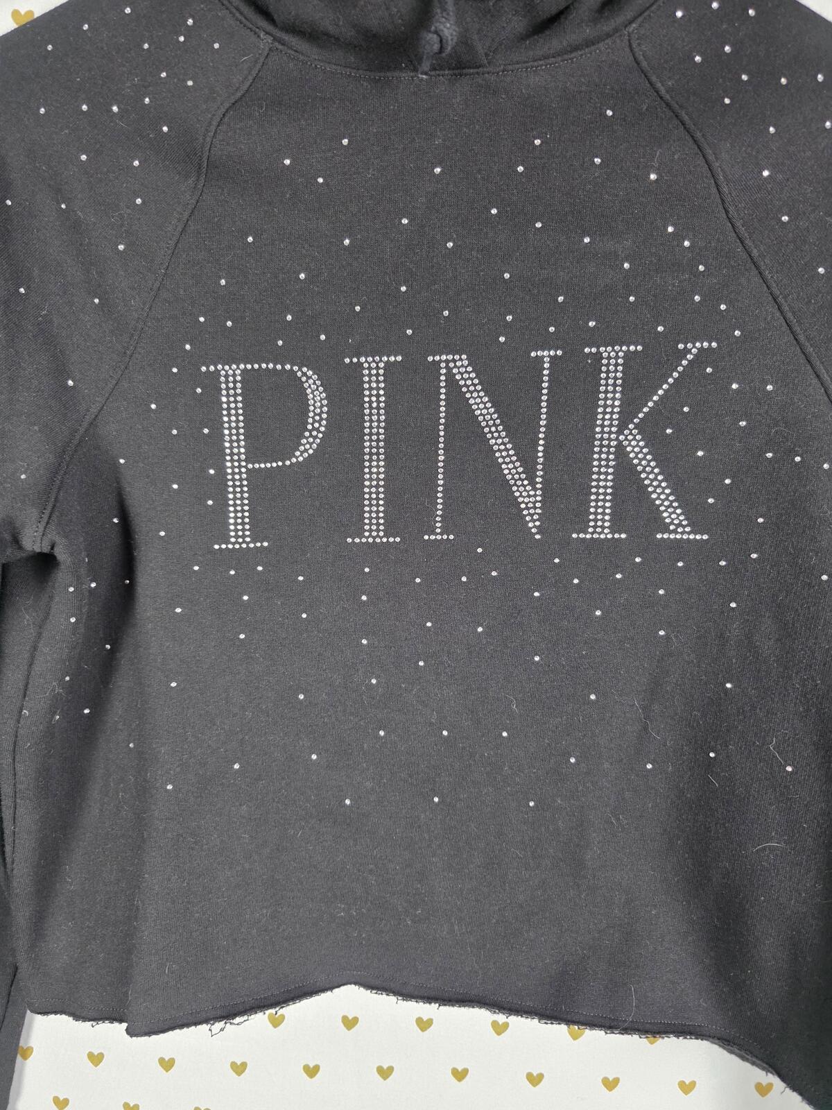 Victorias Secret Pink Bling Studded Hooded Cropped Sweater Shirt Black XS