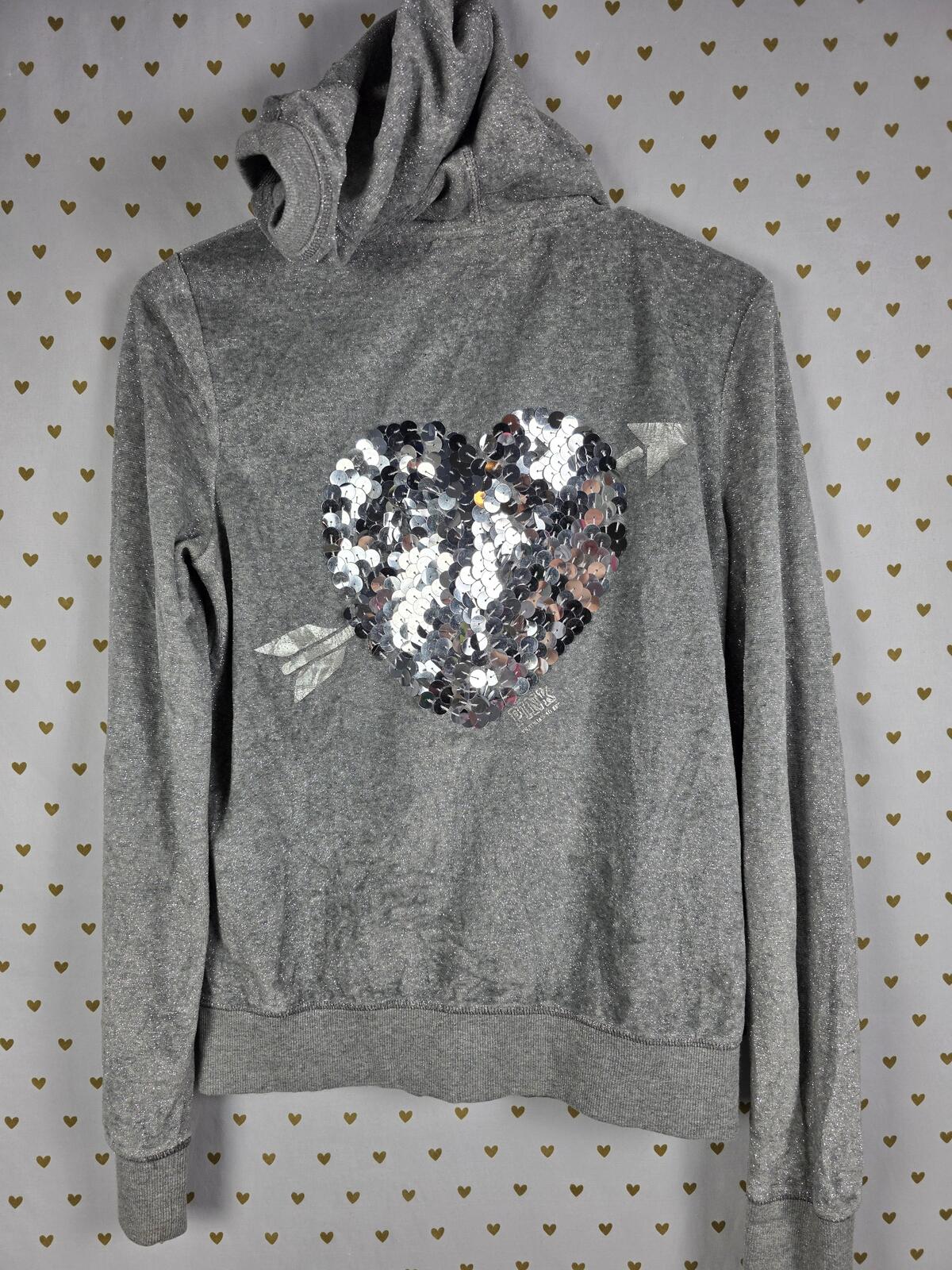 Victorias Secret Pink Vintage glitter Thread BLING Sequined Heart Hoodie Jacket