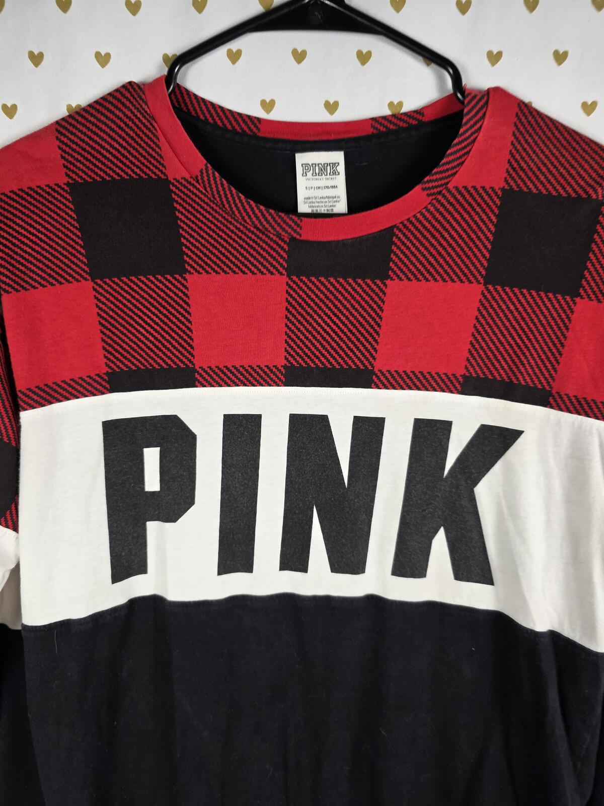 Victorias Secret PINK BUFFALO PLAID Colorblock Long Sleeve Sweater Shirt SMALL