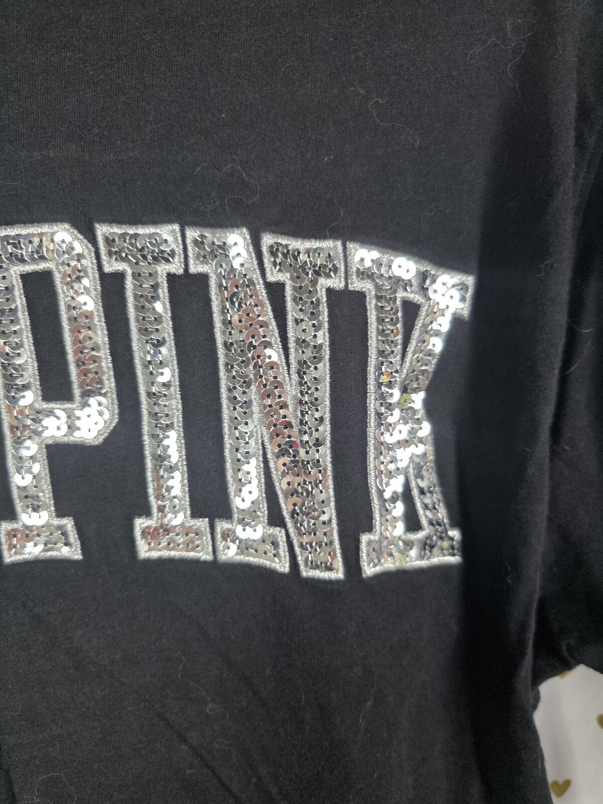 Victorias Secret PINK LOVE BLING Quarter Sleeve Black Tee shirt XS Oversized