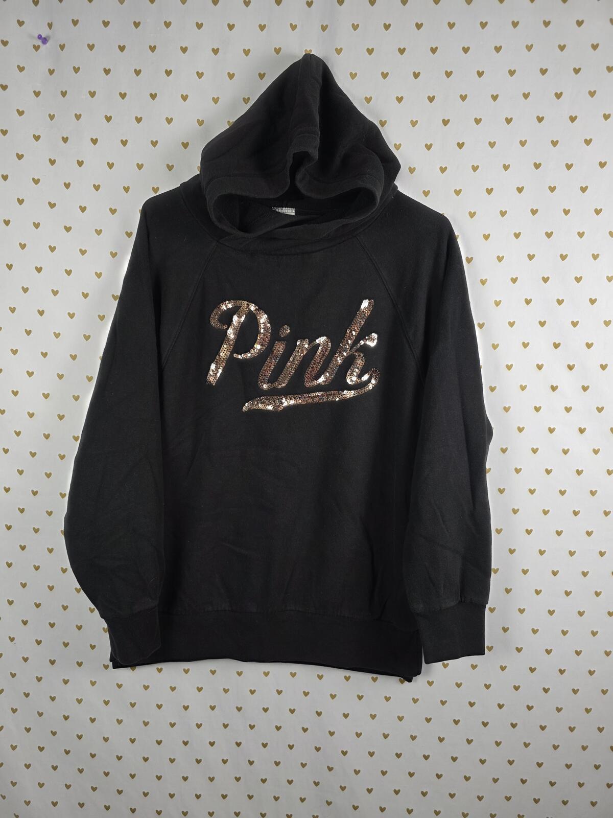 Victorias Secret Pink Bling GOLD Sequined Logo Pullover Hoodie Sweater SMALL