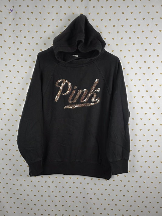 Victorias Secret Pink Bling GOLD Sequined Logo Pullover Hoodie Sweater SMALL