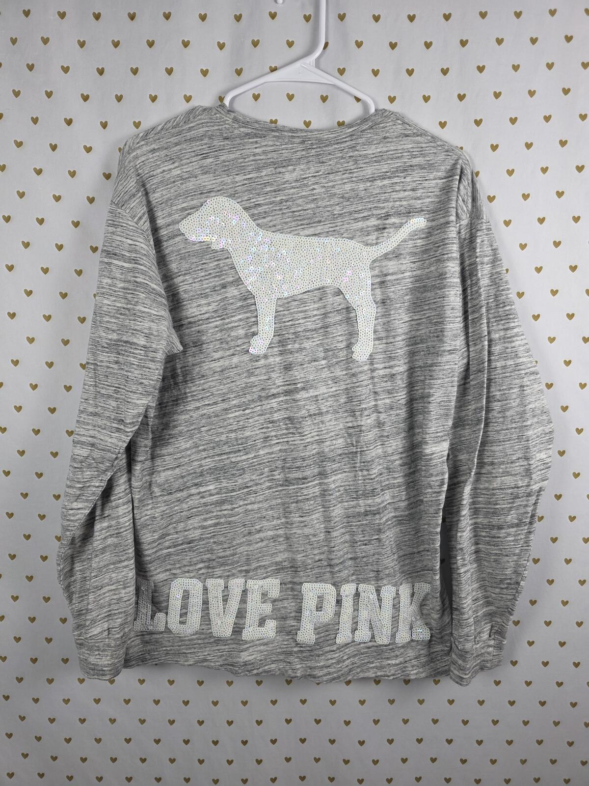 Victorias Secret PINK White BLING Sequined Dog logo campus tee shirt LARGE