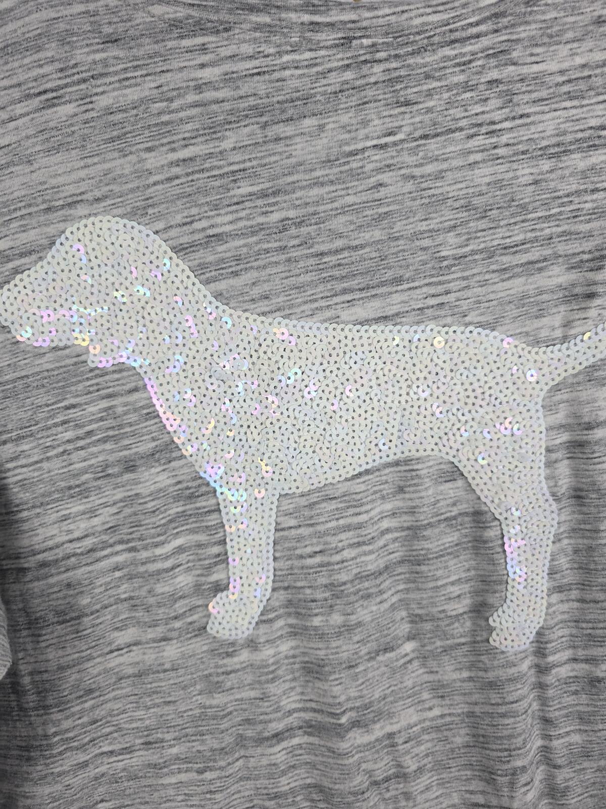 Victorias Secret PINK White BLING Sequined Dog logo campus tee shirt LARGE
