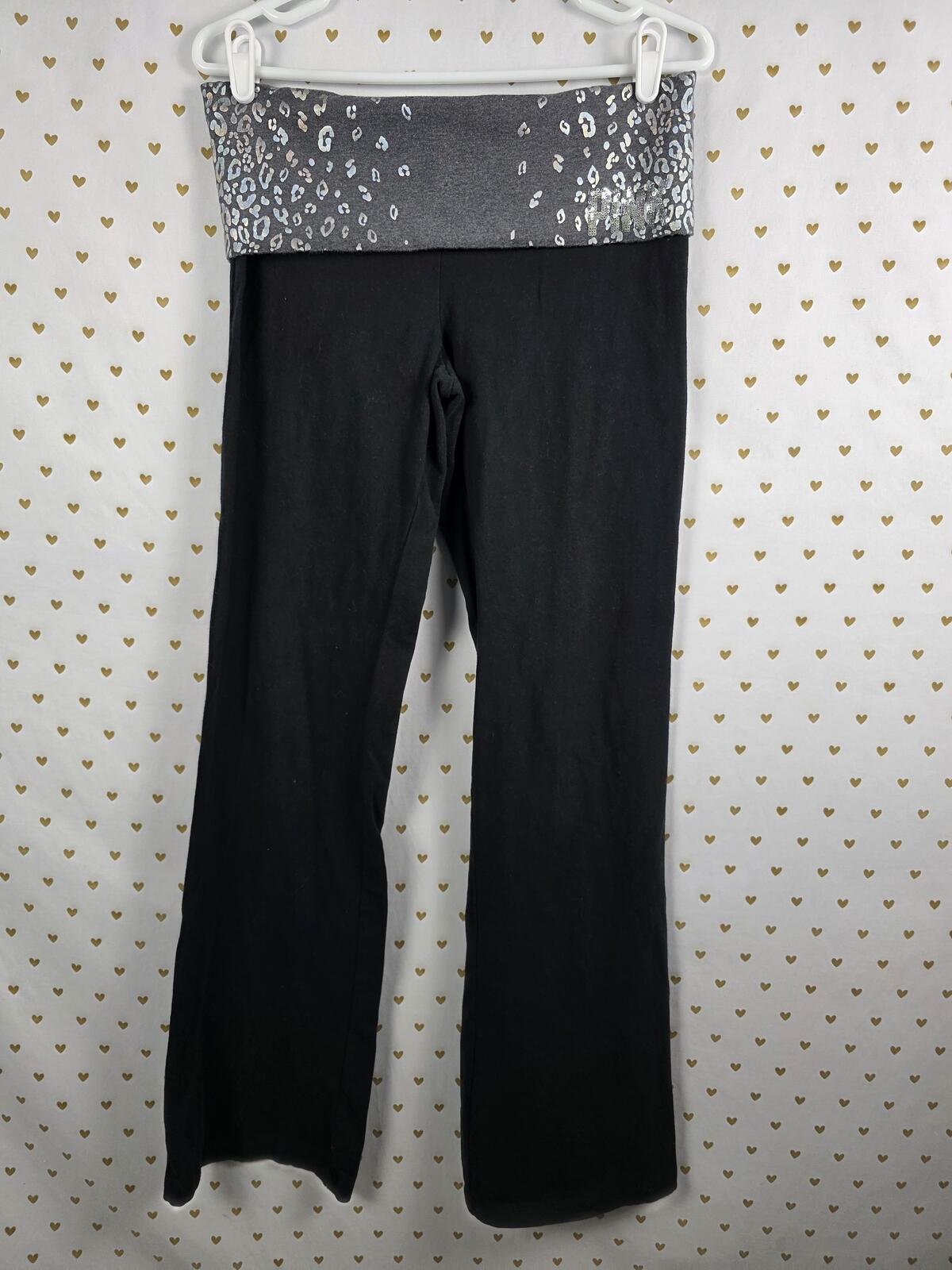 Victorias Secret PINK BLING CHEETAH LEOPARD Flared FOLDOVER Yoga Pants LARGE