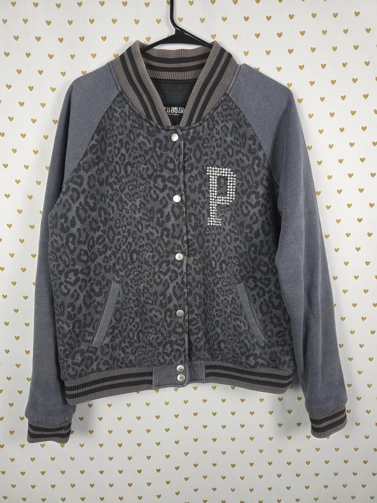 Victorias Secret Pink BLING CHEETAH LEOPARD Logo Varsity Bomber LARGE